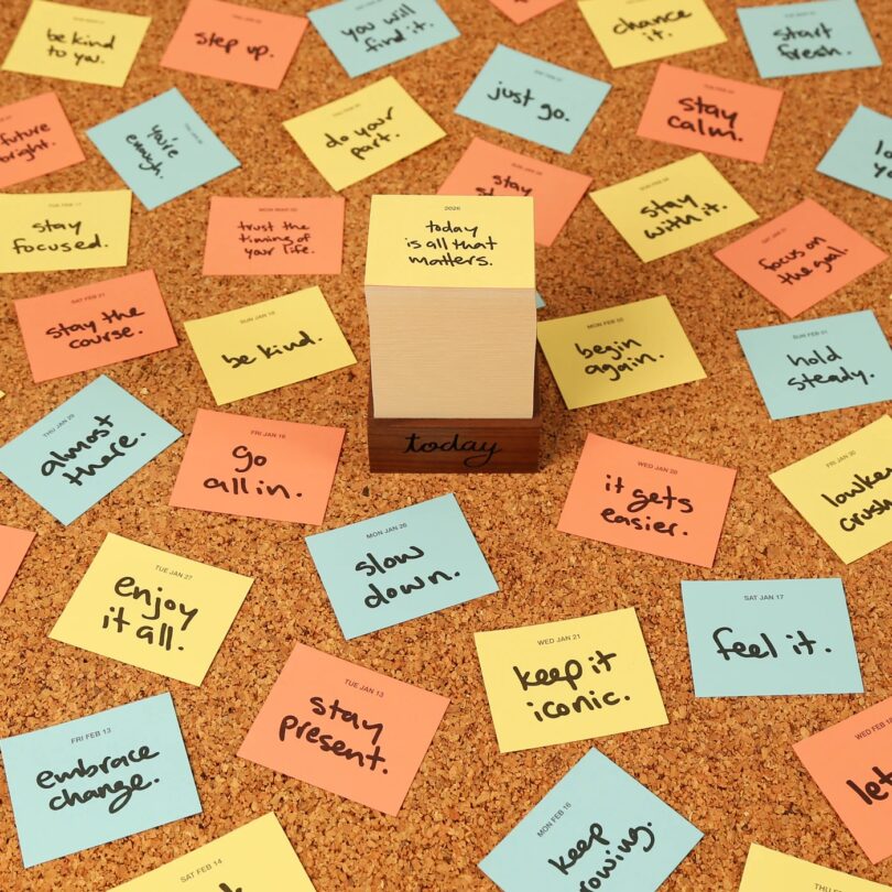 A corkboard with colorful sticky notes displaying motivational phrases surrounds a calendar block that reads "today is all that matters"