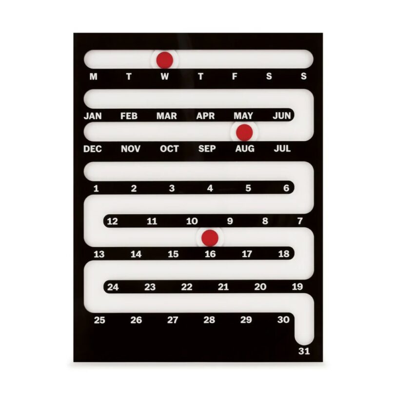 A black and white perpetual calendar, styled like 2026 calendars, with red markers highlighting Wednesday, April, and the 15th day.