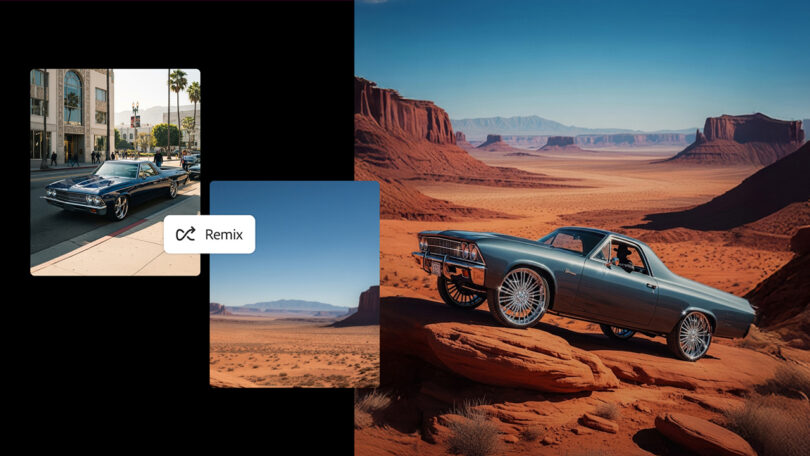 A classic car is shown in a city street, then placed in a desert landscape with red rock formations, illustrating a digital image remix concept inspired by Adobe MAX 2025.