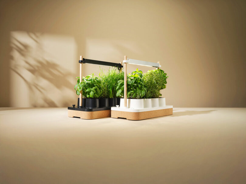 Two tabletop indoor herb garden planters with built-in LED grow lights, holding various green herbs, placed on a neutral background.