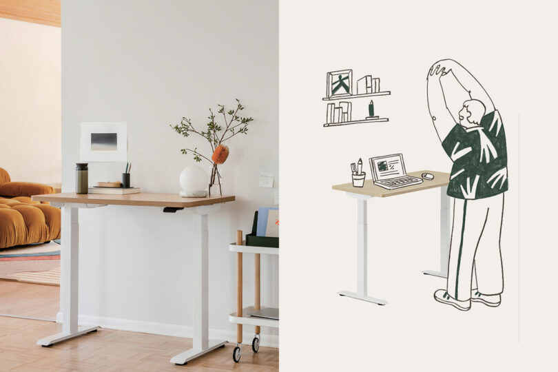 A height-adjustable standing desk with a laptop, plant, and mug, shown in a real setting and as an illustration of a person stretching beside it.