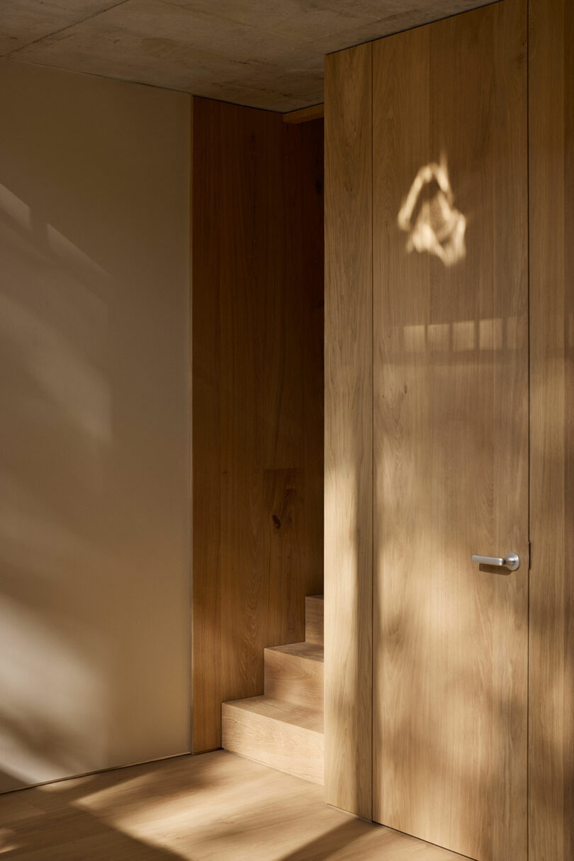 Minimalist wooden staircase next to a closed wooden door, with natural light and soft shadows cast on the walls and floor.