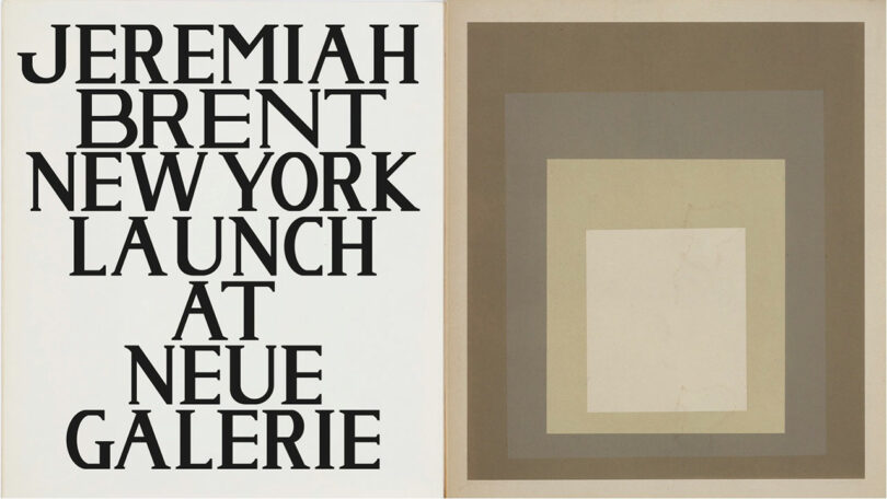 A poster with large black text announcing "Jeremiah Brent New York Launch at Neue Galerie" features Jeremiah Brent’s name beside abstract art of layered squares in muted colors.