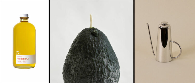 A bottle of avocado oil, a close-up of an avocado with a candle wick, and a metal oil can are shown side by side on neutral backgrounds—unique gifts for cooks who appreciate creative culinary essentials.