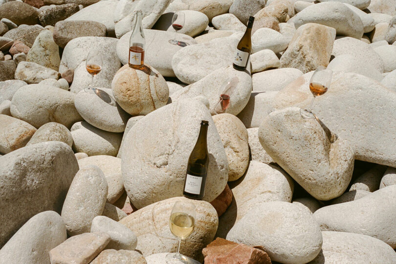 Wine bottles and glasses with various wines are placed on large, smooth, white rocks outdoors—an elegant scene that doubles as inspiration for thoughtful gifts for cooks who appreciate fine pairings.