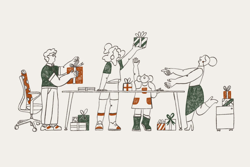 Line drawing of four people exchanging wrapped gifts around a table, with presents stacked on and under the table and on a filing cabinet—perfect inspiration for your holiday gift guides.