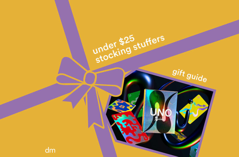 A yellow background with a purple ribbon graphic, featuring a box of UNO cards and the text "under $25 stocking stuffers" and "gift guides.