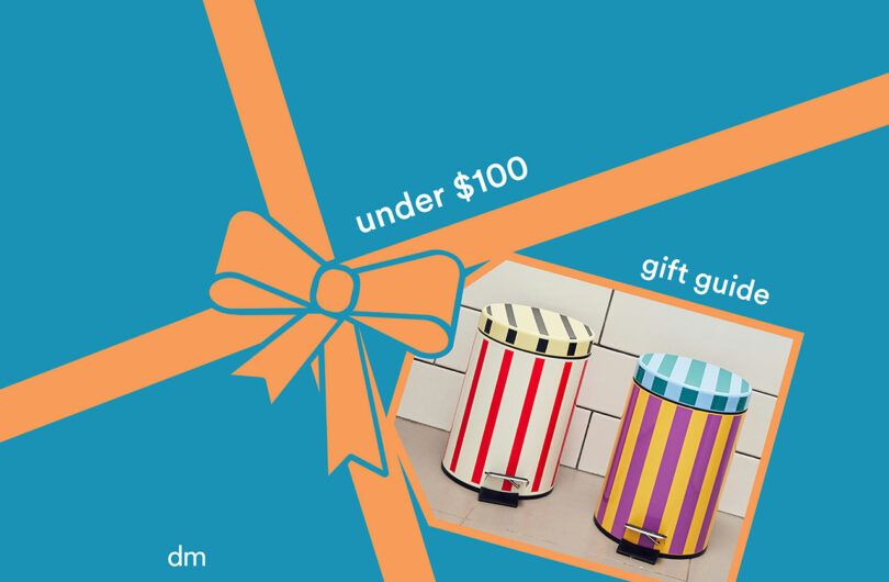 Blue background with orange ribbon graphic, text reading “under $100” and “gift guides,” plus a photo of two striped trash bins—one red and yellow, the other purple and blue.