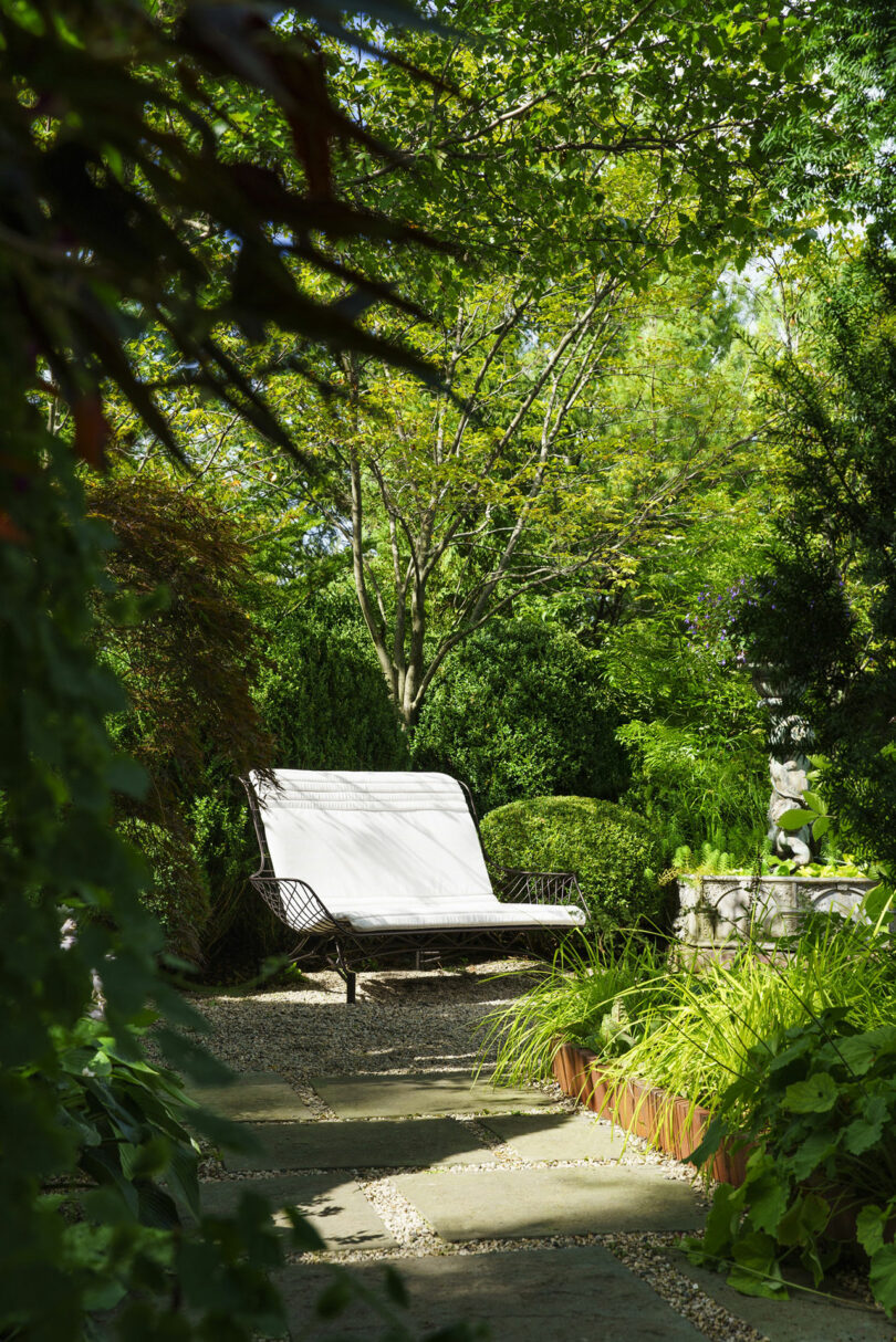 A sunlit garden with a white bench surrounded by lush green trees, shrubs, and plants, with stone steps and gravel on the ground.