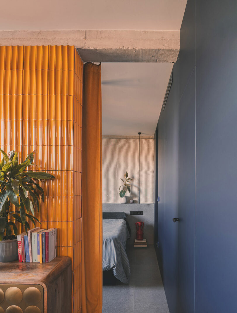 View into a modern bedroom with a blue wall, gray bedding, orange tiled divider, potted plant, books on a wooden shelf, and soft light from a window.