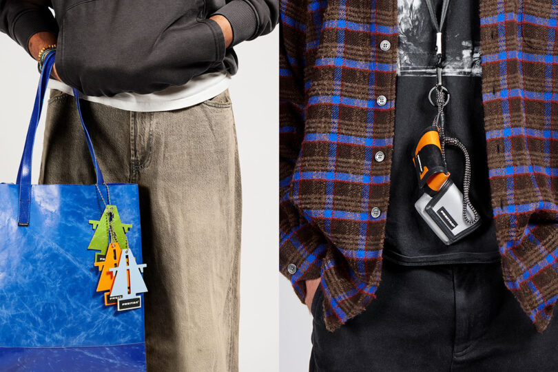 Two people shown from shoulder to thigh; one holds a blue bag with tree-shaped keychains, the other wears a plaid shirt and a lanyard holding an orange flashlight and small device.