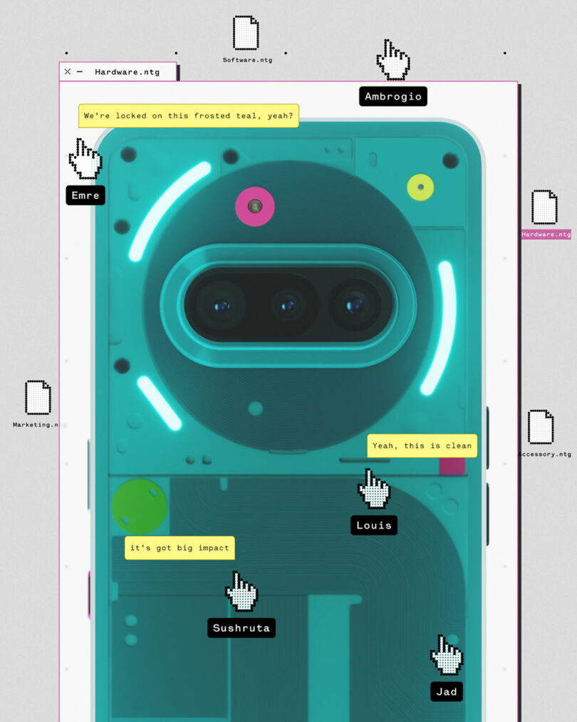 Close-up of a teal smartphone's camera module with neon lights, overlaid with digital sticky notes and cursor icons, on a gray desktop with file icons.