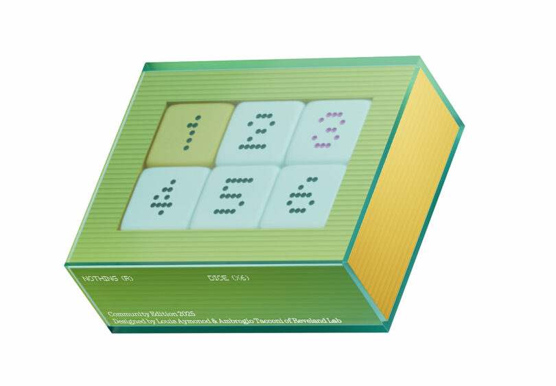 A green box with six raised-tile buttons showing numbers 1, 2, 3, 4, 5, and 6 in both standard numerals and Braille dots.
