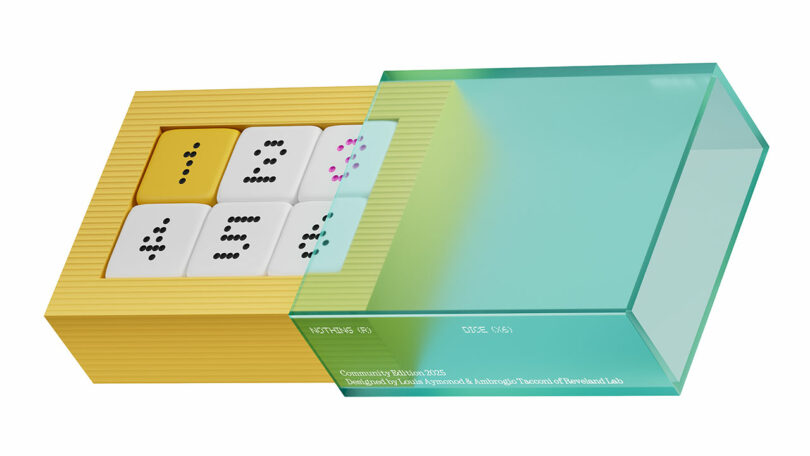 A translucent teal box with a wooden lid contains white domino-like tiles with numbers and braille dots on their surfaces.