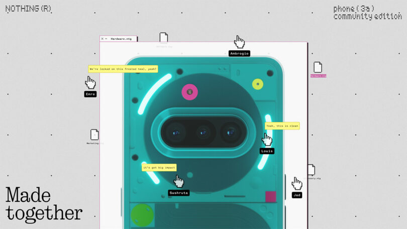 A digital graphic displays a turquoise smartphone with three cameras, surrounded by cursor icons and text labels, on a gray background with scattered files. Text reads "Made together.