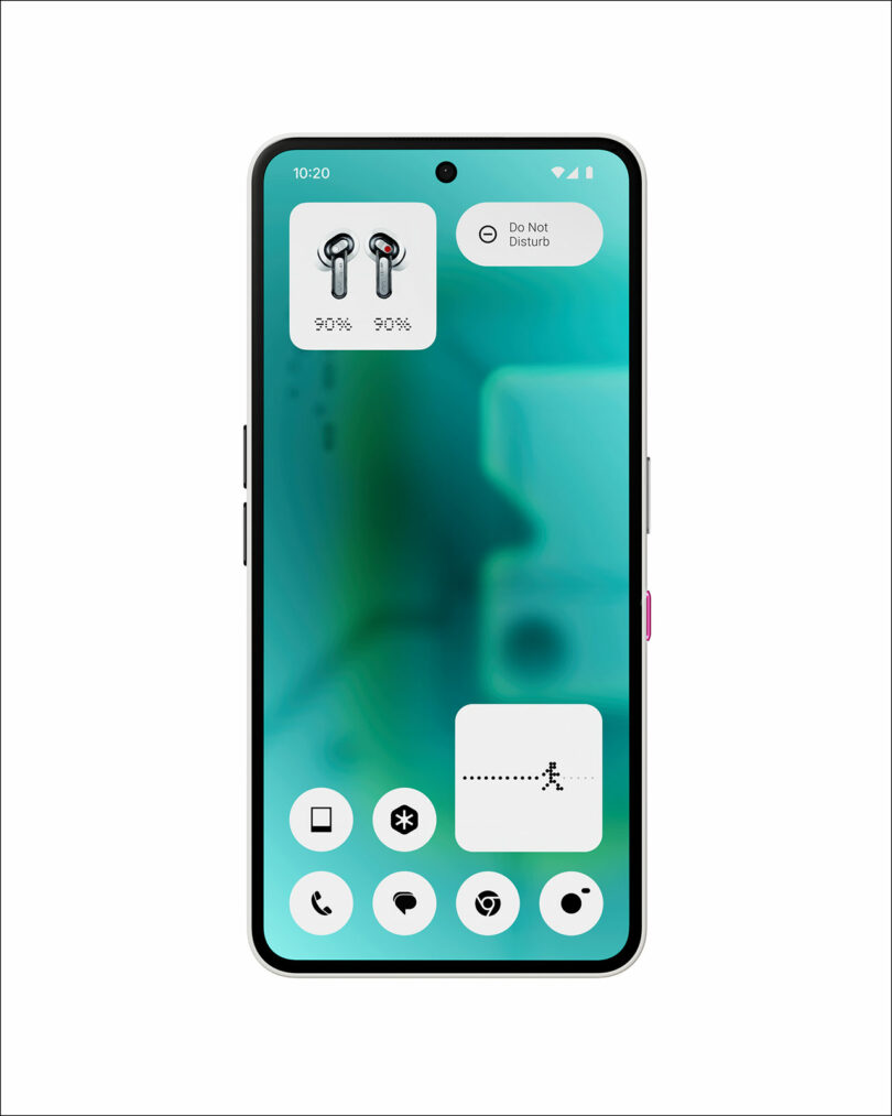 A smartphone screen displaying widgets for earbud battery levels, Do Not Disturb status, fitness tracking, and various app icons on a teal abstract background.