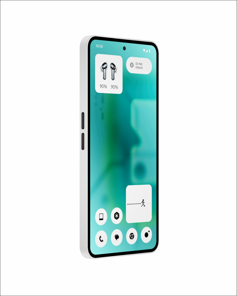 A modern smartphone with a white frame displays a minimalistic home screen, including battery status for wireless earbuds and various app icons on a green-blue background.