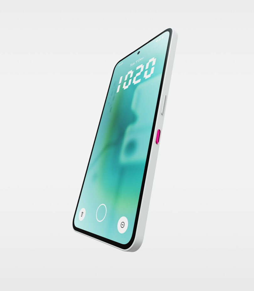 A modern smartphone with a teal gradient screen displaying the time "10:20," shown at an angle on a plain white background.