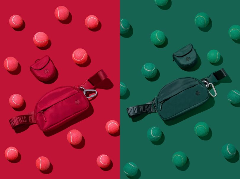 Side-by-side image of red and green dog walking bags with matching small pouches for treats or a ball, each surrounded by tennis balls of the same color on solid red and green backgrounds