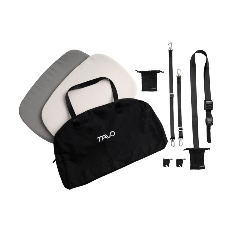 Travel seat set with a black carry bag, two seat cushions, a strap, two hooks, and two pouches on a white background